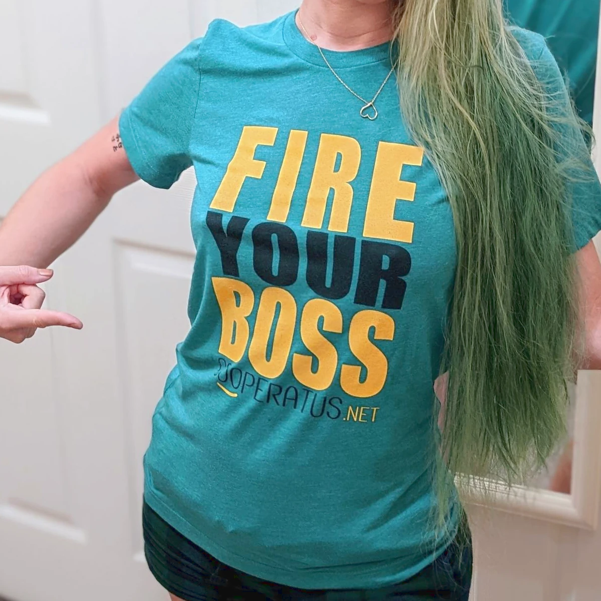 Fire Your Boss T-Shirt, demo in Sea Green color